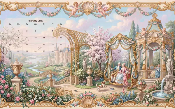 February 2027 calendar in an ornate pastel garden scene with classical pavilion, blossoming trees and seated figures by a fountain — 5K Ultra HD PC desktop wallpaper/background.