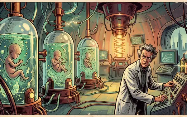 5K Ultra HD PC desktop wallpaper of a scientist in a futuristic laboratory monitoring embryo-filled cloning vats as neon-lit equipment hums during a human cloning experiment.