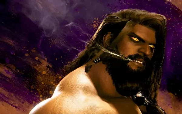 4K Ultra HD PC wallpaper of Arjun from Street Fighter 6 — a muscular warrior man with braided beard and glowing yellow eyes, long dark hair set against a purple-gold cosmic background.
