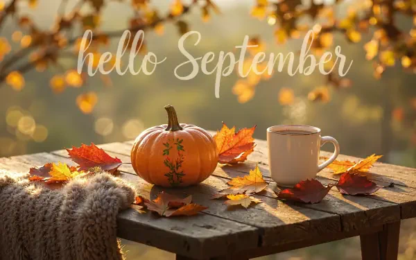 HD PC desktop wallpaper: Hello September script over a wooden table with a small pumpkin, mug, scattered autumn leaves and a cozy knit, warm bokeh background.