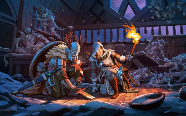 Valheim warrior adventurer 5K Ultra HD PC desktop wallpaper: two cloaked fighters kneel by a campfire and torch in an icy longhouse strewn with trophies.