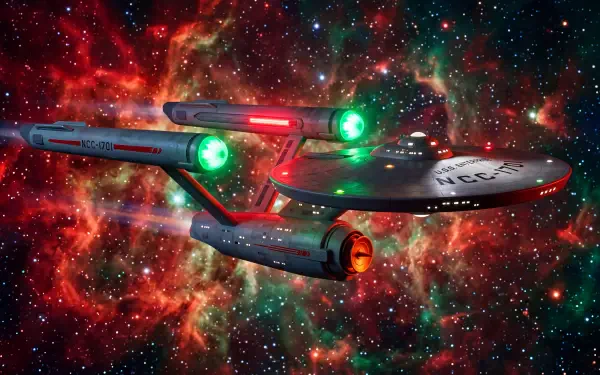 5K Ultra HD PC desktop wallpaper/background of the USS Enterprise starship spacecraft: classic spaceship gliding past a vivid red-green nebula with glowing warp nacelles.