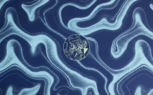 2K Quad HD PC desktop wallpaper: Ajax Amsterdam logo centered on an abstract navy and light-blue wavy textured background.