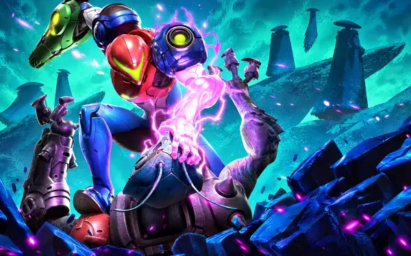 4K Ultra HD PC desktop wallpaper and background: Samus Aran in Metroid Ravenous armor fires a glowing purple arm cannon over shattered alien ruins and a defeated Metroid.