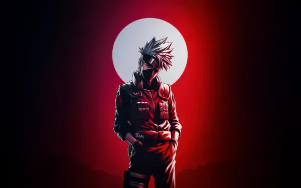 Kakashi Hatake (Naruto) stands with hands in pockets before a glowing full moon on a red-black gradient — 5K Ultra HD PC desktop wallpaper and background.