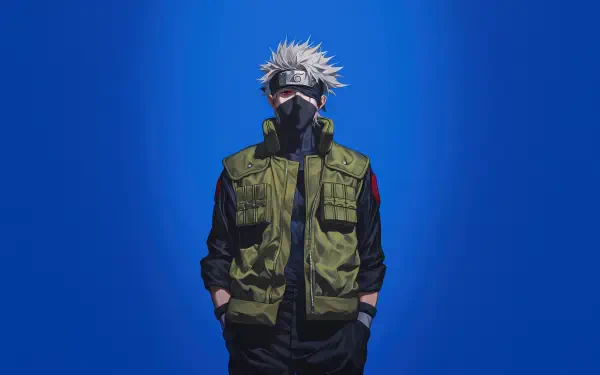 Kakashi Hatake from Naruto standing with hands in pockets, wearing a green flak jacket and face mask against a vivid blue backdrop — 5K Ultra HD PC desktop wallpaper.
