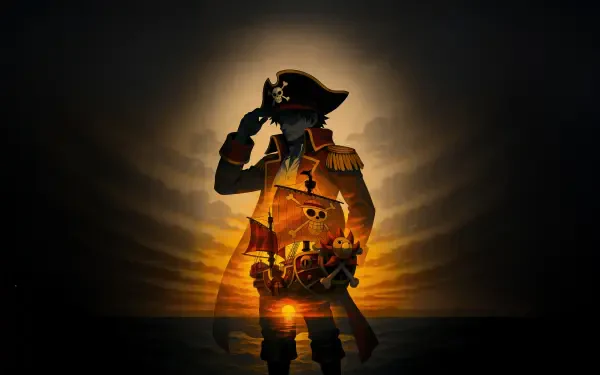Monkey D. Luffy from One Piece in a pirate captain silhouette at sunset, golden glow over the ocean horizon — 5K Ultra HD PC desktop wallpaper/background.