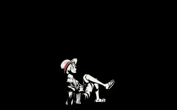 Stylized white silhouette of Monkey D. Luffy from One Piece reclining with straw hat on a solid black 4K Ultra HD PC desktop wallpaper/background.