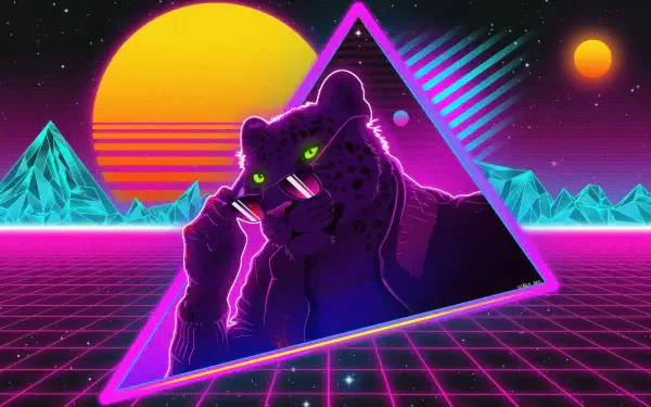 Neon synthwave Digital Art of a leopard in sunglasses framed by a glowing triangle, retro grid and sunset — 4K Ultra HD PC desktop wallpaper background.