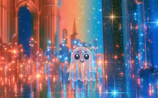 2K Quad HD PC desktop wallpaper featuring a cute ghost floating amid rainbow-lit, cathedral-like arches with sparkling bokeh and starry light effects.