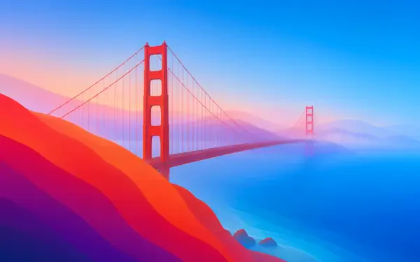 Minimalist digital art of the Golden Gate Bridge rising from red-orange hills into blue mist. 5K Ultra HD PC desktop wallpaper background.