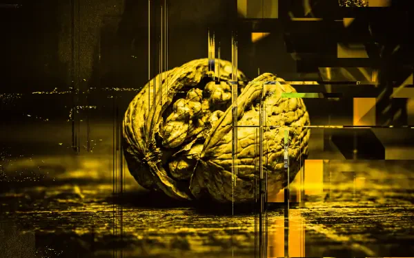Close-up of a walnut (nut) with golden-yellow glitch and digital block effects on a dark background — 5K Ultra HD PC desktop wallpaper.