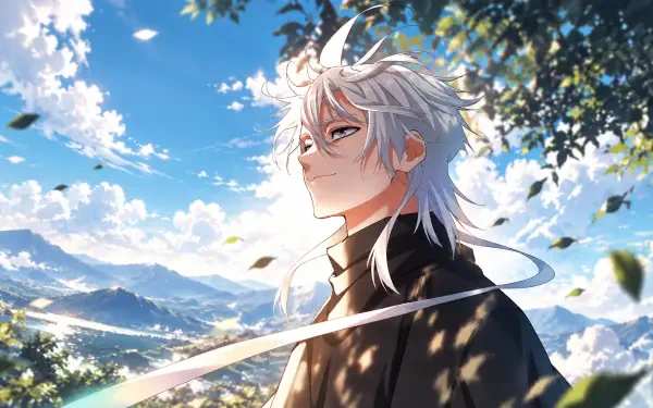 Anime 2K Quad HD PC desktop wallpaper from Frieren: Beyond Journey's End — white-haired Frieren gazes skyward, sword ribbon swirling, sunlight, falling leaves and a vast mountain landscape.
