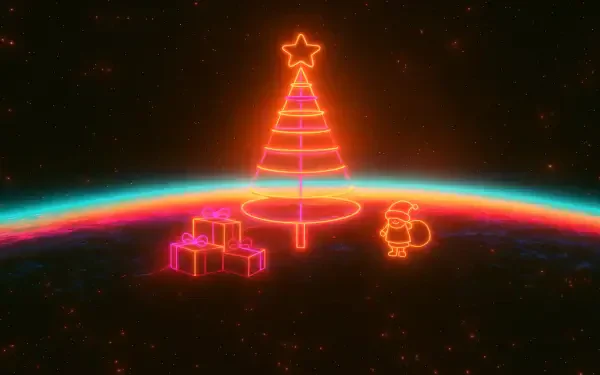 Neon Christmas 2K Quad HD PC desktop wallpaper: glowing neon Christmas tree topped with a star, neon gifts and a small Santa figure above a colorful horizon.