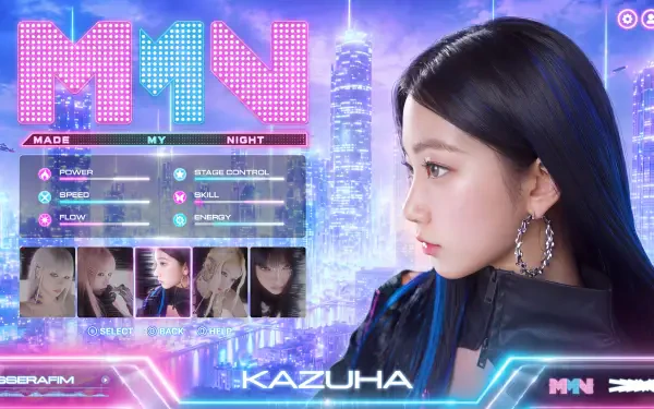 Side-profile of a K-pop idol in a futuristic Overwatch 2–style HUD with neon city skyline, 'MN' logo and mini thumbnails — vibrant 5K Ultra HD PC desktop wallpaper.