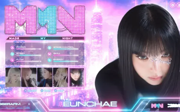 5K Ultra HD PC wallpaper: neon K-pop idol close-up with straight black hair, holographic Overwatch 2–style UI overlays, MN logo, menu tiles and a futuristic pink-purple city skyline.