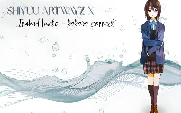 4K Ultra HD anime desktop wallpaper: Kokoro Connect's Inaba Hanako standing beside pastel y2k/2000s retro waves and floating bubbles on a clean white background.