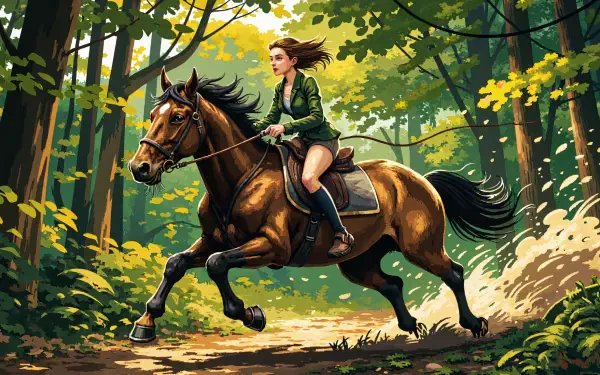 Weekend Equestrian HD PC desktop wallpaper: rider in green jacket galloping a bay horse through a sunlit forest trail.