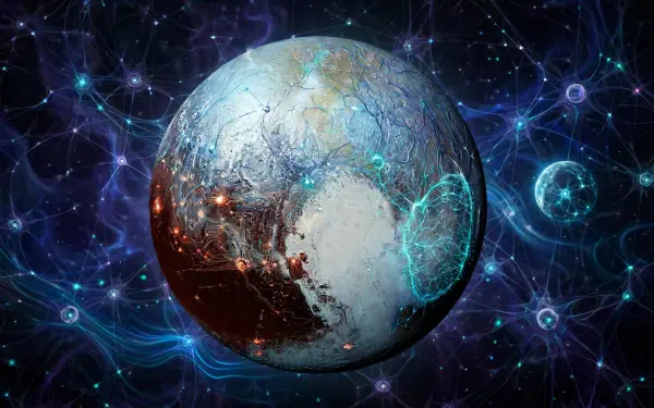 HD PC desktop wallpaper of a Pluto-like icy globe/planet with Earth-like continents, floating in a glowing, webbed cosmic background.