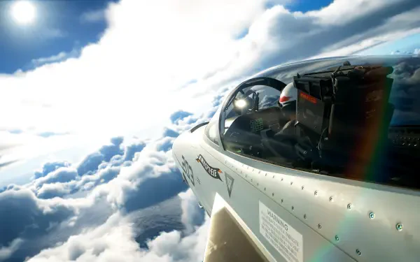 Ace Combat 8: Wings of Theve 4K Ultra HD PC desktop wallpaper, cockpit view of a fighter jet slicing through sunlit clouds with lens flare.