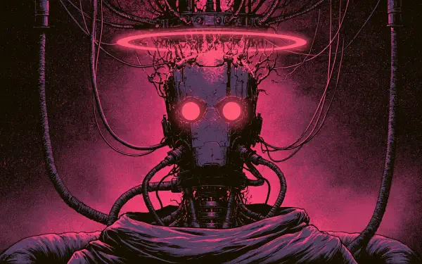 Sci-Fi cyborg android with glowing pink eyes and halo, exposed circuitry and tangled cables, cloaked torso against neon magenta — 2K Quad HD PC desktop wallpaper/background.