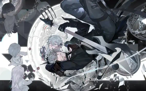 4K Ultra HD PC desktop wallpaper — anime landscape Alien Stage: Till showing two pale figures intertwined on a circular alien stage, surrounded by musical instruments and ghostly onlookers.