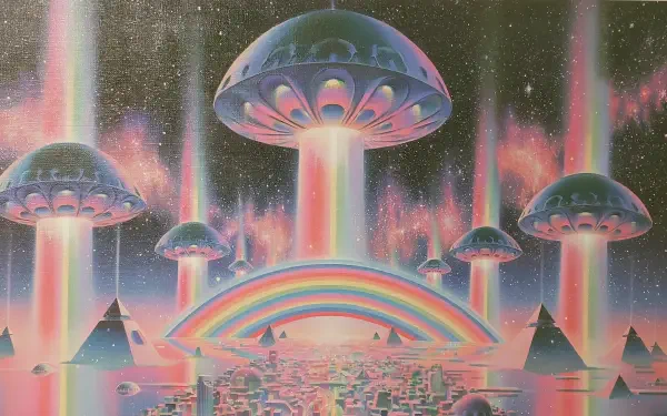 Trippy psychedelic sci‑fi 2K Quad HD PC desktop wallpaper: mushroom-shaped UFOs beam rainbow light over neon pyramids and a shimmering city beneath a glowing rainbow arch.