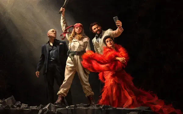 Sacrifice (2026) — group fashion performance of four models: a suited man, a red‑haired model with raised dagger, a man holding glass, and a figure in a flowing red gown. 4K UHD PC desktop wallpaper.