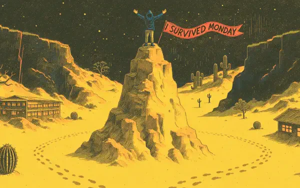 2K Quad HD PC wallpaper: figure on a desert mountain holds an I SURVIVED MONDAY banner amid cacti, sand tracks and distant buildings beneath a starry sky.