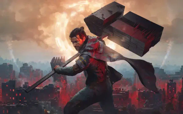 4K Ultra HD PC desktop wallpaper: Control Resonant's warrior Dylan Faden raises a colossal hammer weapon over a burning, ruined city beneath swirling storm clouds.