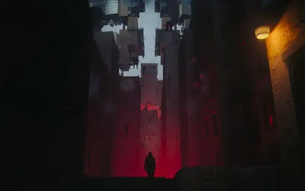 Control Resonant — lone silhouette in a shadowed alley at night, neon red glow and towering abstract cityscape; 4K Ultra HD PC desktop wallpaper/background.