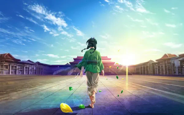 The Apothecary Diaries 4K Ultra HD PC Desktop Wallpaper and Background — a lone figure in green walks across a palace courtyard toward a glowing sunrise, colorful petals scattered on stone tiles.