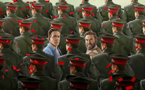 Mayday 4K Ultra HD PC desktop wallpaper and background: two men stand surrounded by uniformed soldiers with red caps as red petals drift overhead.