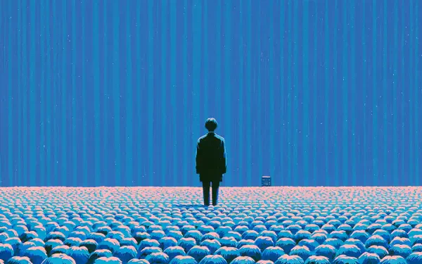 Artistic 2K Quad HD PC desktop wallpaper: lone human silhouette stands amid a sea of spheres facing a towering blue wall, evoking solitude.