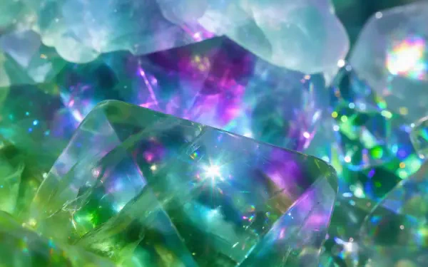 Fluorescent crystal and prism gemstone cluster glowing in vivid greens, blues and purples — 2K Quad HD PC desktop wallpaper and background with sparkling refracted light.