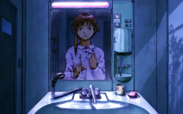 4K Ultra HD PC desktop wallpaper of Lain Iwakura (Serial Experiments Lain): a girl reflected in a dim bathroom mirror above a sink.
