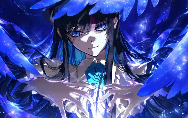 Yodaka-themed anime girl with long blue hair cradling a glowing blue rose amid shimmering starlit wings — 4K Ultra HD PC desktop wallpaper/background.