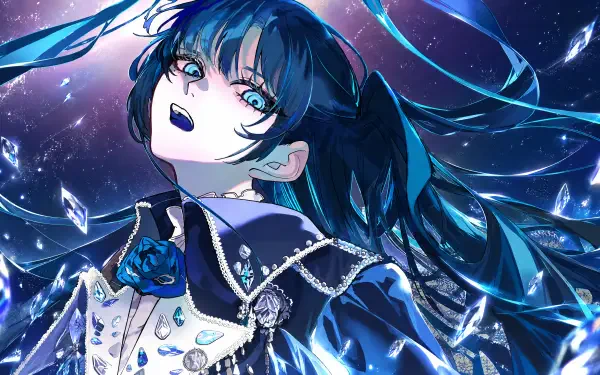 Nico Nico singer–inspired Yodaka anime girl with flowing blue hair, crystalline shards and starry glow — vivid 4K Ultra HD PC desktop wallpaper background.