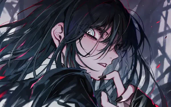 Dark, intense anime-style portrait with windblown black hair, pale eyes and red accents — Adotomy fan art inspired by a Nico Nico singer; 4K Ultra HD PC desktop wallpaper/background.