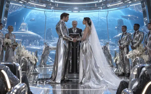 Futuristic marriage ceremony: bride in flowing silver gown and groom in chrome suit exchange vows with metallic attendants before an underwater city — 4K Ultra HD PC desktop wallpaper/background