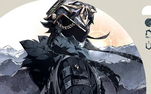 HD video game desktop wallpaper of Il Capitano (Genshin Impact): masked armored captain with ornate helmet and chains against a backdrop of snowy mountains.
