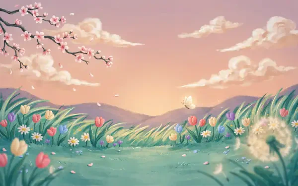 Pastel spring meadow with blossoming flowers, dandelions, and cherry blossoms at sunset — 2K Quad HD PC wallpaper background