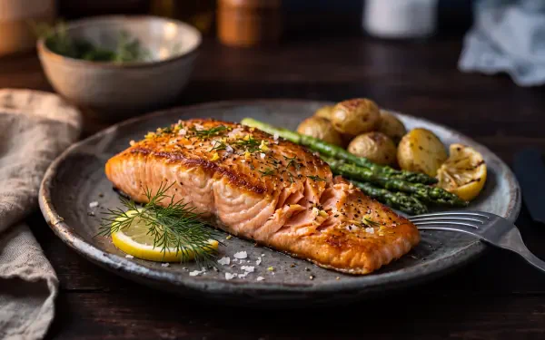 5K Ultra HD PC desktop wallpaper showing a seared salmon fillet with lemon and dill, roasted potatoes and asparagus on a rustic plate.