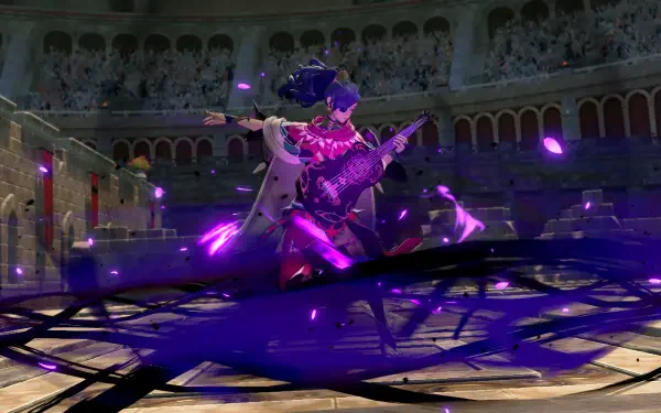 Fire Emblem: Fortune's Weave — Leda performs a dance on a coliseum stage, purple magical ribbons and shadows swirling around her; 4K Ultra HD PC desktop wallpaper/background.