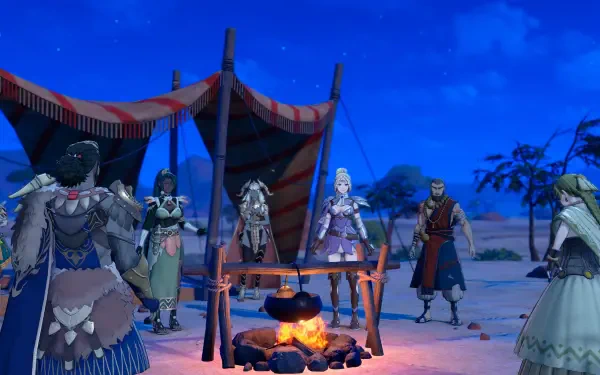 Fire Emblem: Fortune's Weave — companions gathered around a campfire beside a tent under a starry night; 4K Ultra HD PC desktop wallpaper and background.