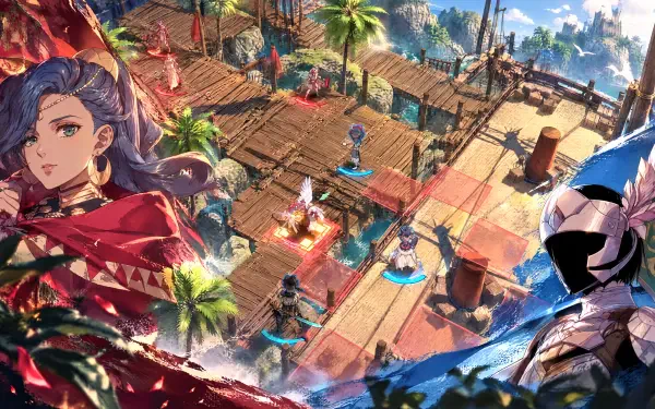 4K Ultra HD PC desktop wallpaper and background of the video game Fire Emblem: Fortune's Weave — anime-style scene with Leda, character portraits and a colorful tactical battlefield on a wooden dock background.