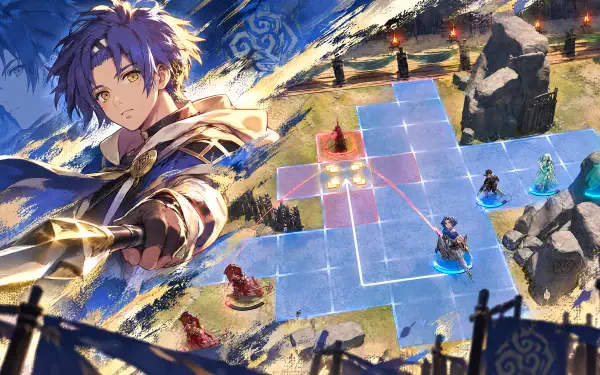 4K Ultra HD anime PC desktop wallpaper of Cai from Fire Emblem: Fortune's Weave, wielding a glowing blade over a strategy video game battlefield with a blue movement grid and scattered units.