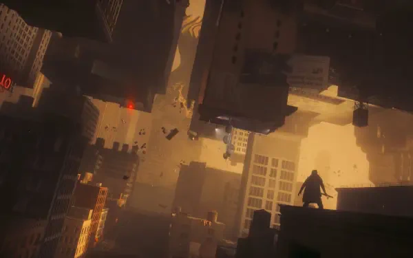 Control Resonant HD PC desktop wallpaper/background: silhouetted figure on a rooftop overlooking warped, towering buildings in golden light.