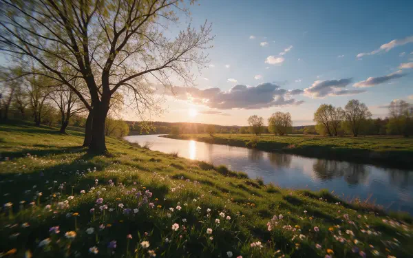 2K Quad HD PC desktop wallpaper and background: spring sunset landscape with a river reflecting the sun, a lone tree on a grassy, wildflower-dotted bank beneath a partly cloudy sky.