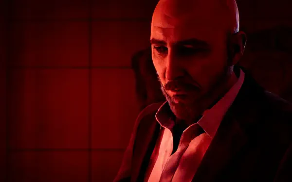 Silent Hill: Townfall 4K Ultra HD PC desktop wallpaper — portrait of a bald man in a red-lit, ominous atmosphere, wearing a suit jacket and open-collar shirt.